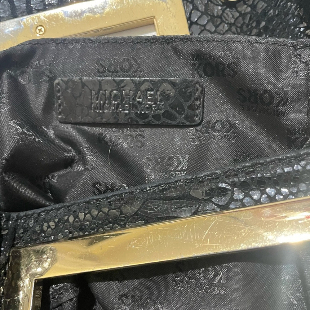 Michael Kors Black Snake-Embossed Leather Shoulder Bag Gold Evening Crossbody - Picture 8 of 8